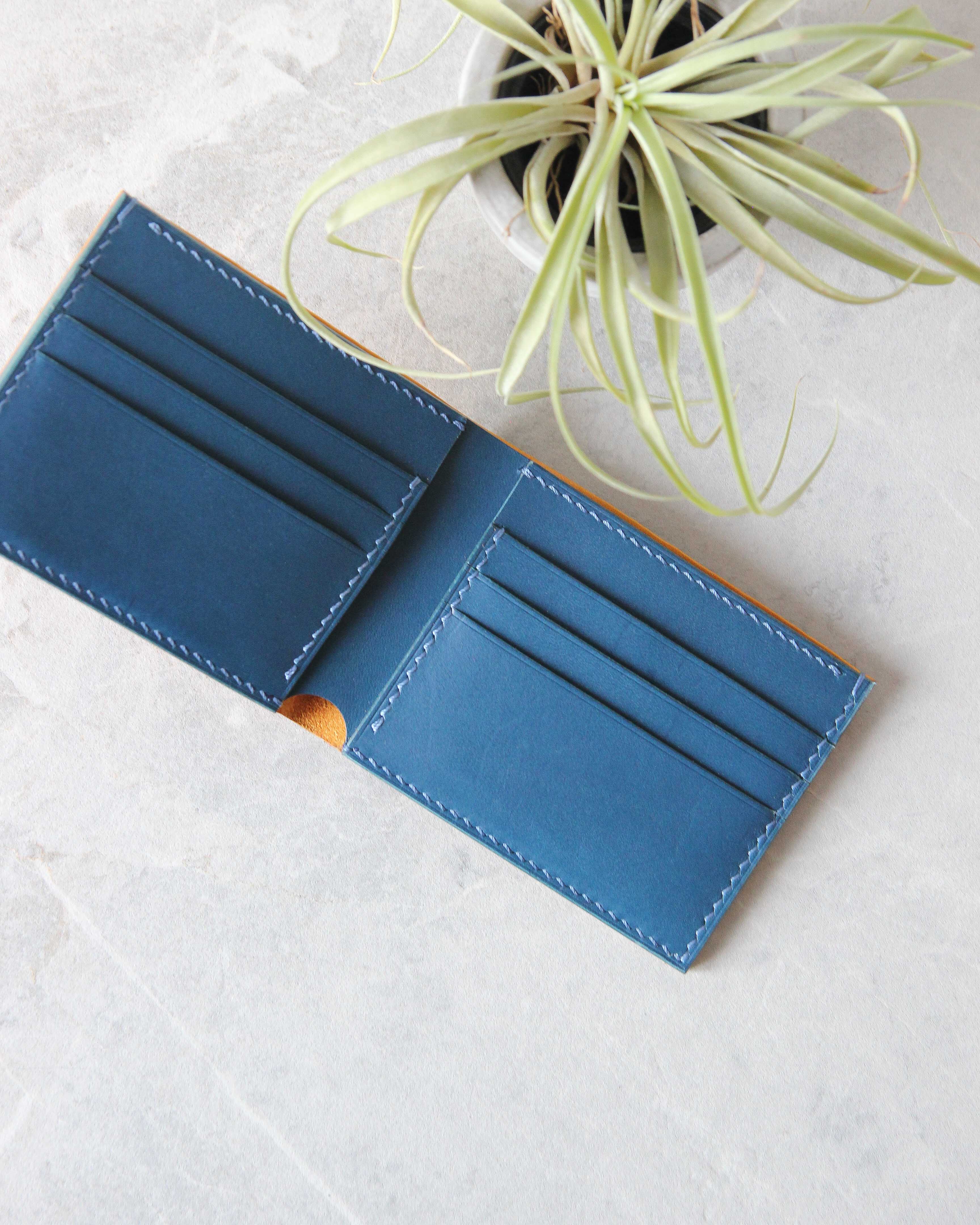 Leather Wallet, Yellow and Blue, 8 slots, Top view