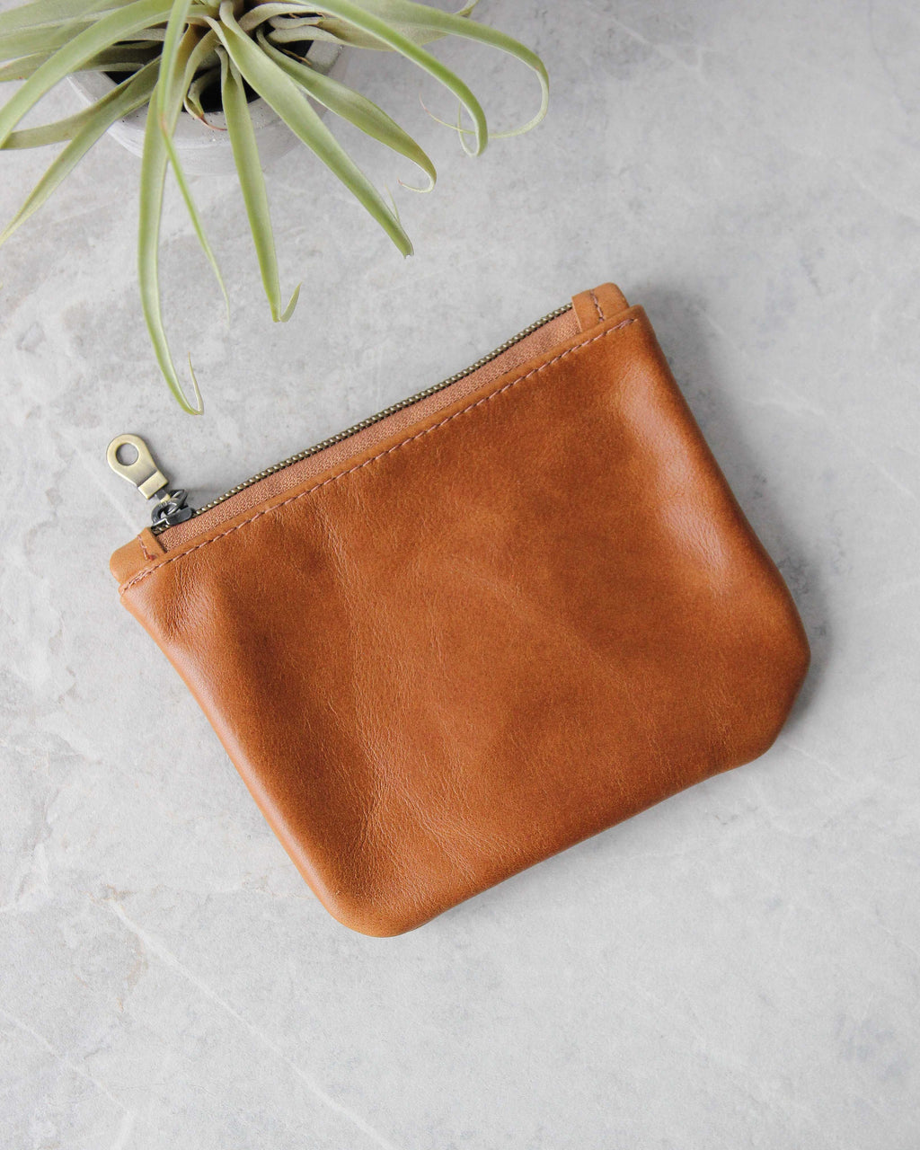 Leather Zip Pouch, Tan, Top view