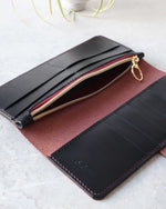 Load image into Gallery viewer, Long Leather Wallet, Black and Purple, Inside View
