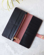Load image into Gallery viewer, Long Leather Wallet, Black and Purple, Top View
