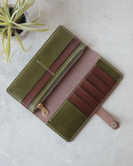 Load image into Gallery viewer, Long Leather Wallet, Brown &amp; Green, Top View
