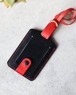 Load image into Gallery viewer, Leather Luggage Tag, Black and Red, Front View

