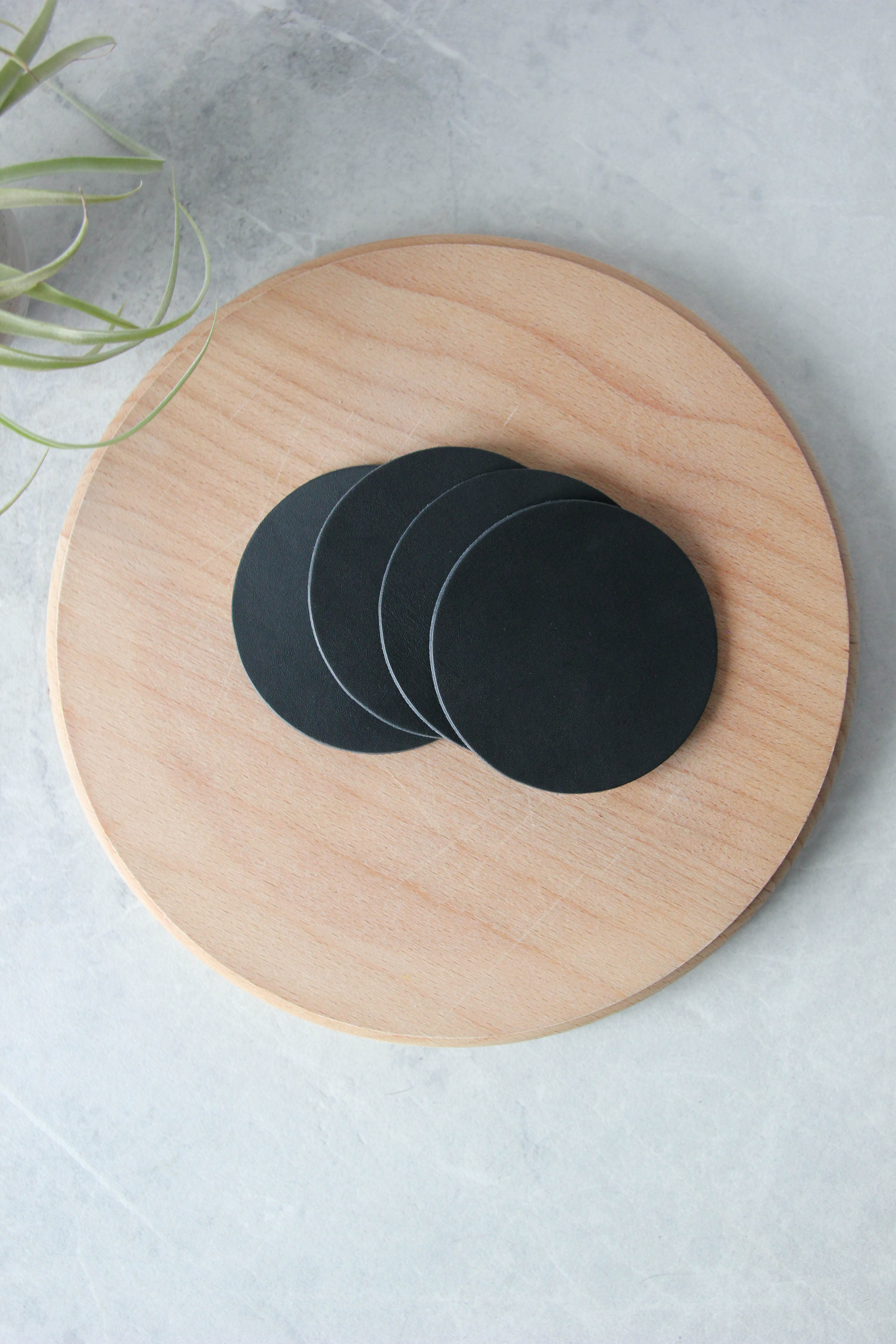 Round Leather Coasters, Black, Top View