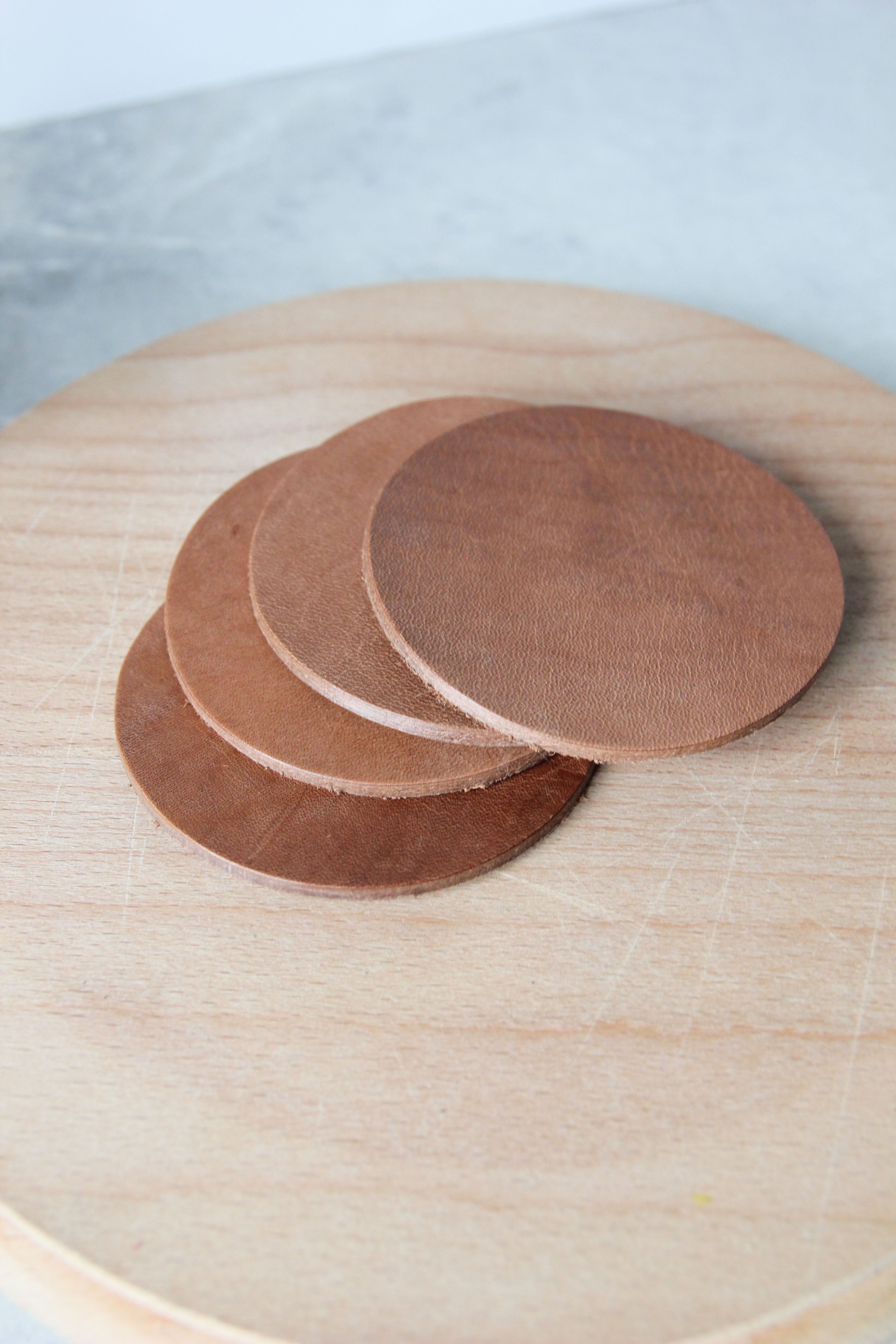 Round Leather Coasters, Tan, Side View
