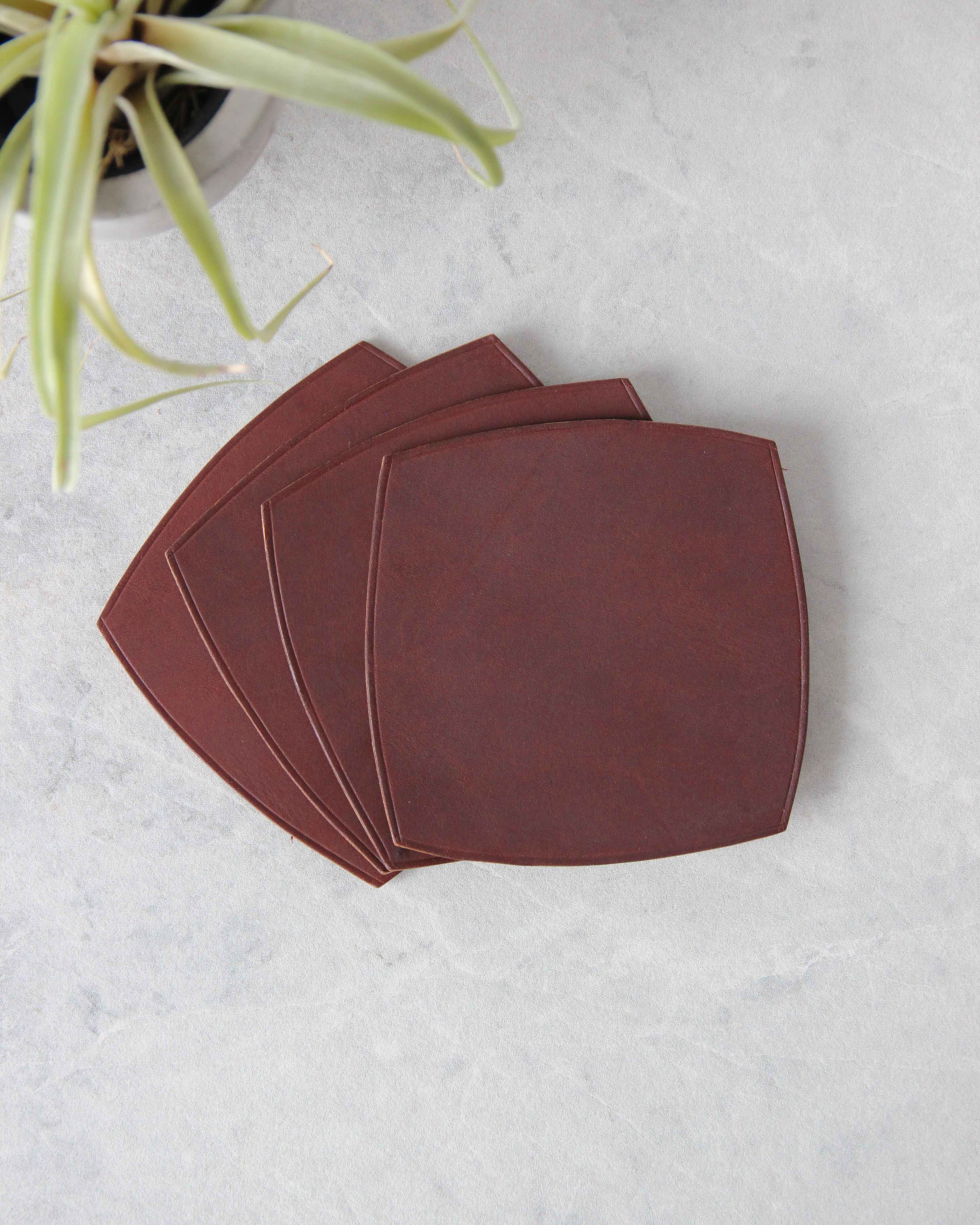 Square Leather Coasters, Brown, Top View