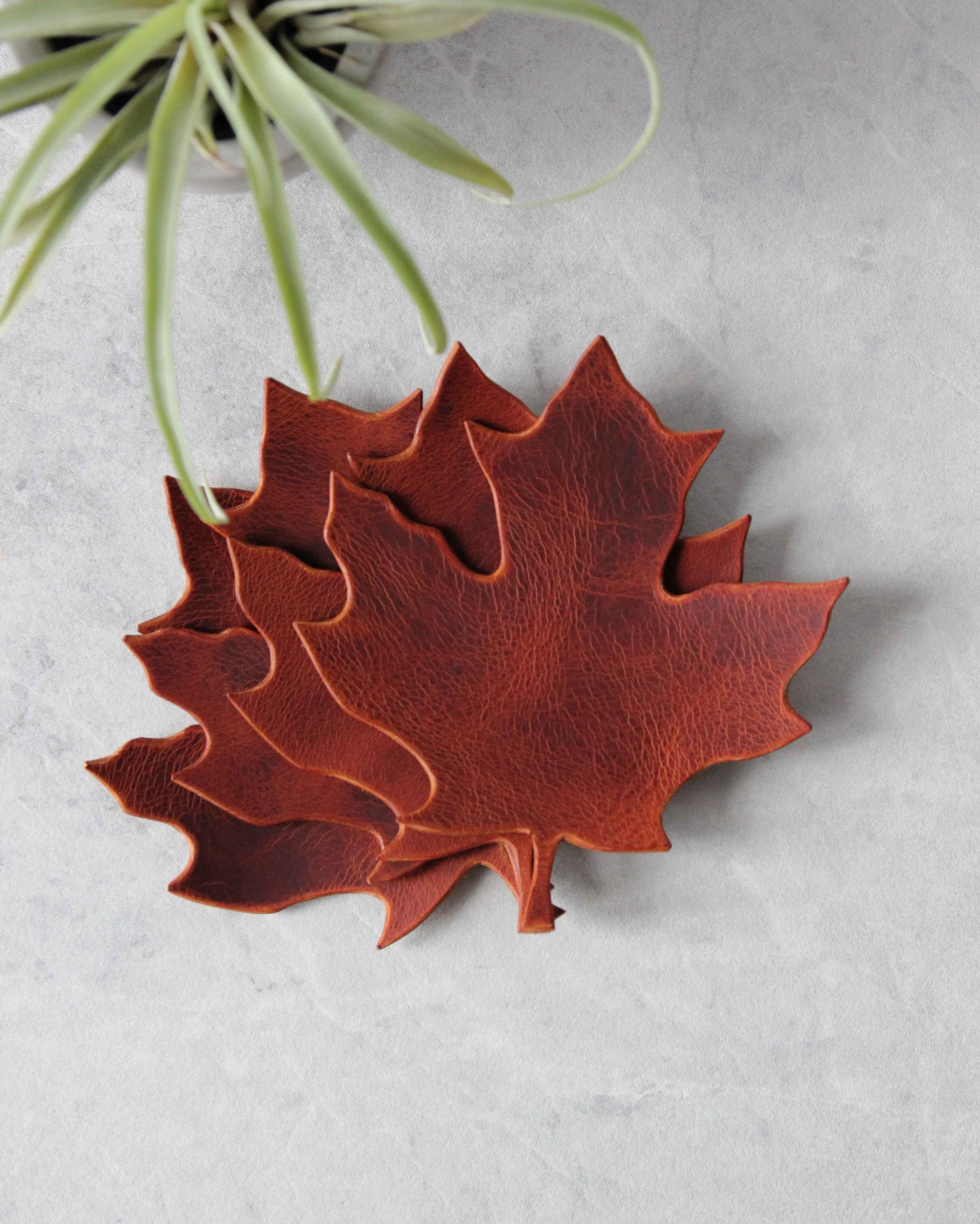 Leaf Leather Coasters, Cognac, Top View