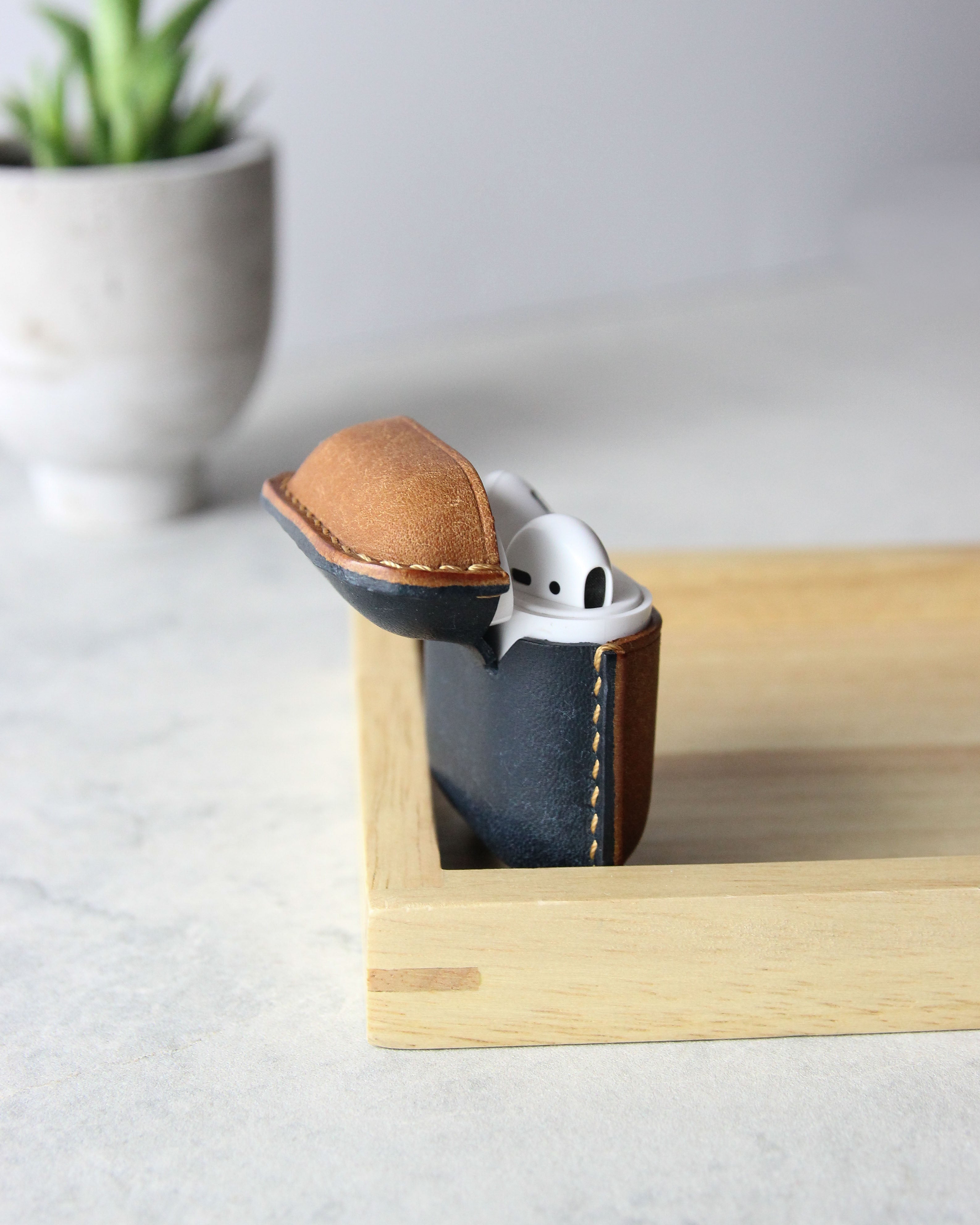 Leather Airpods Case, Beige and Blue, Back