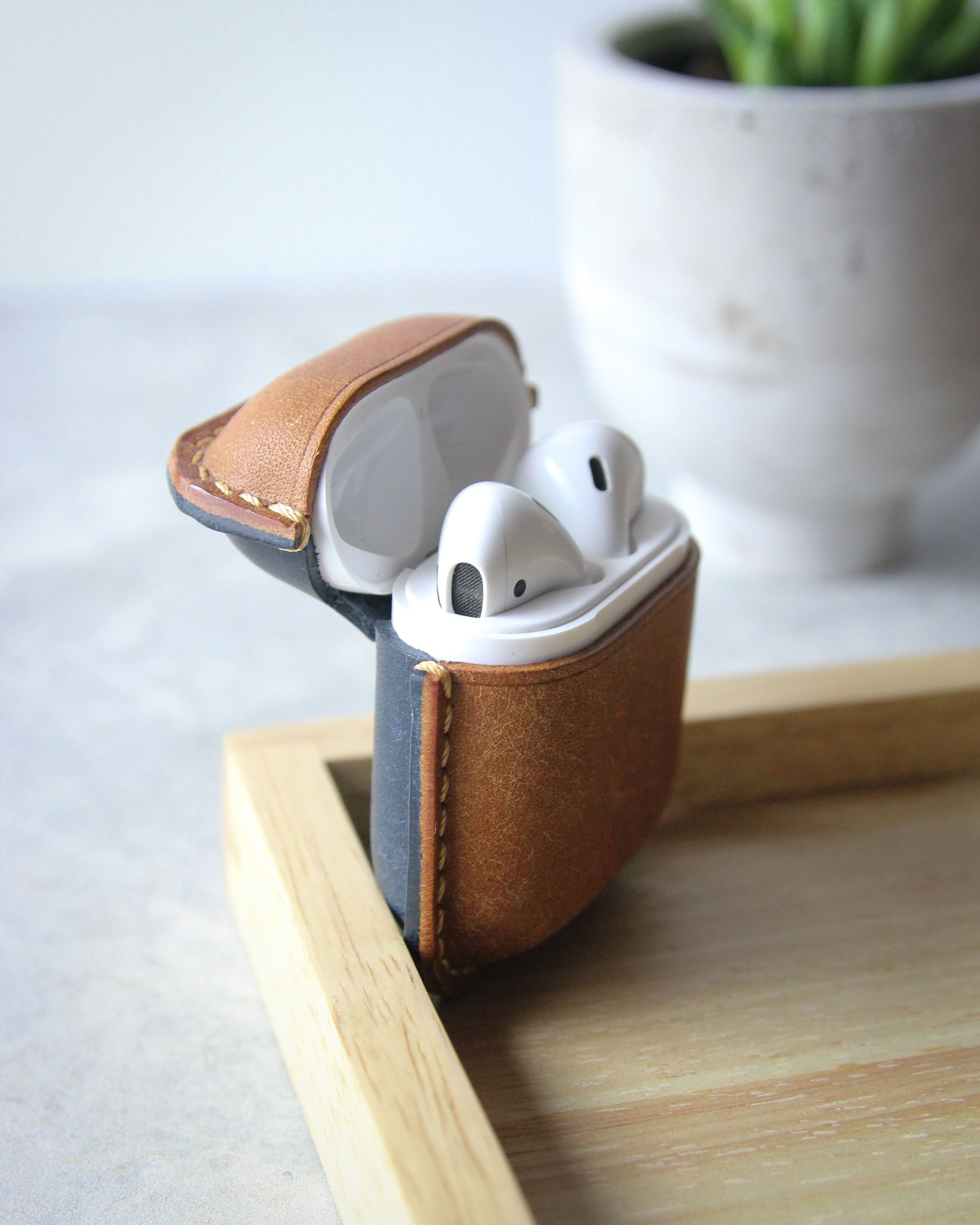 Leather Airpods Case, Beige and Blue, Front