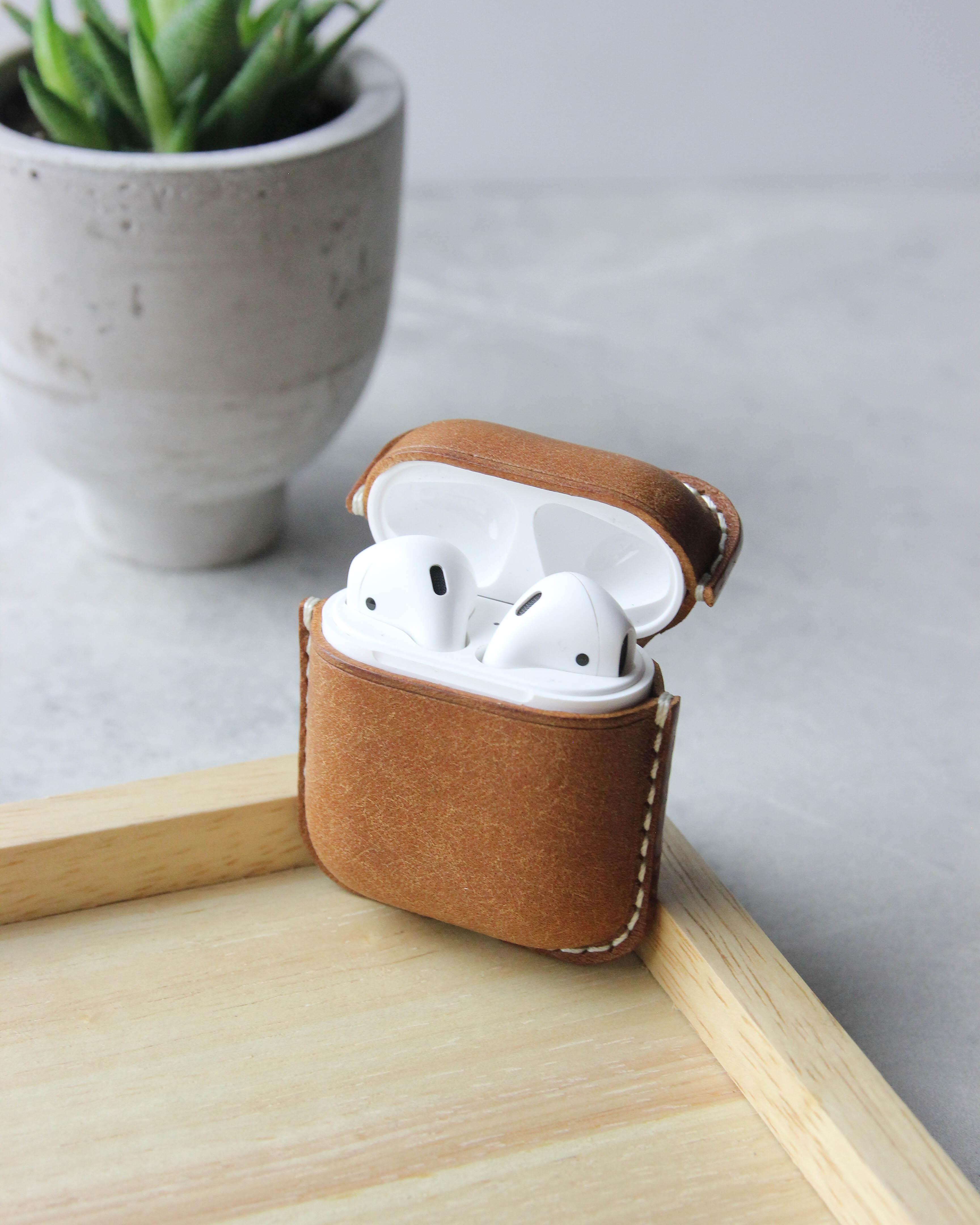 Leather Airpods Case, Beige, Front