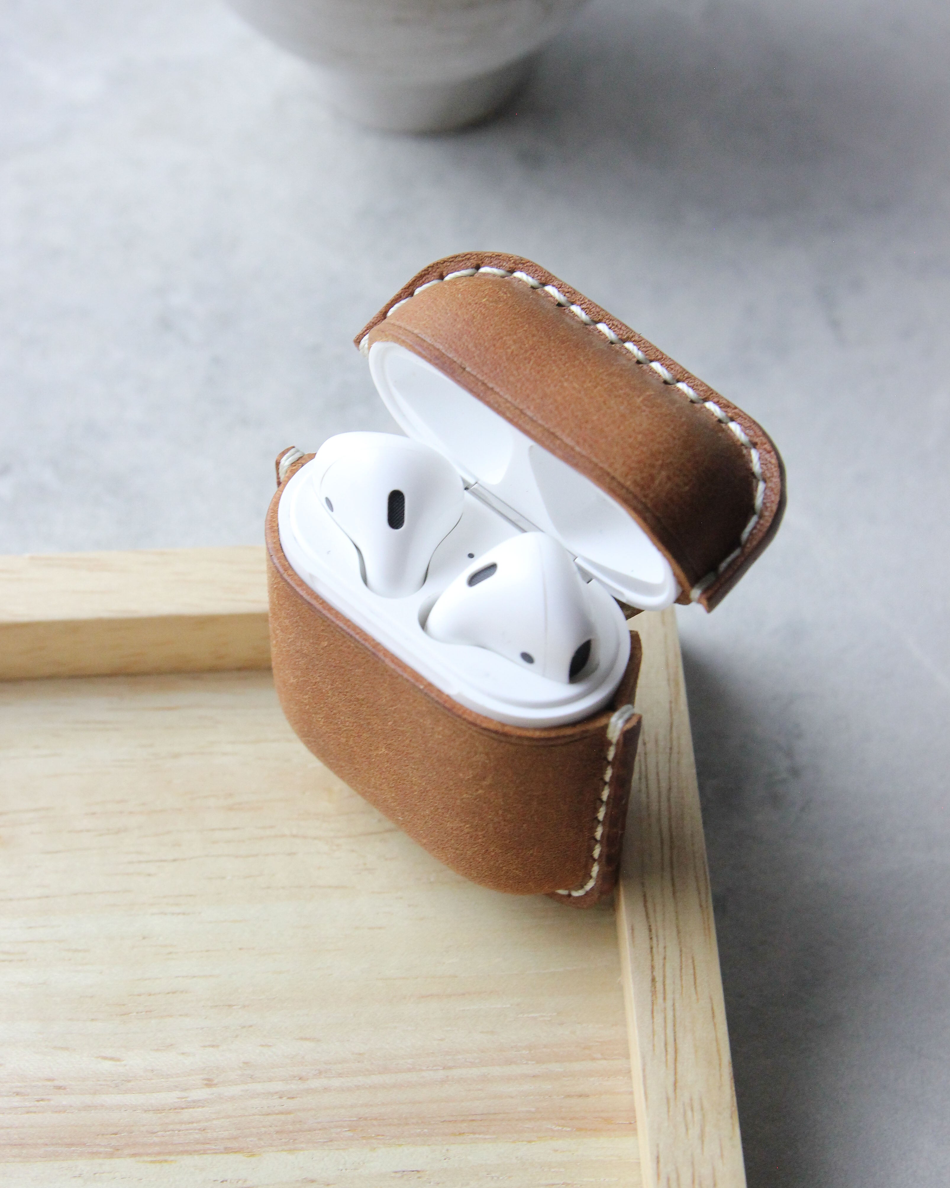 Leather Airpods Case, Beige, Open