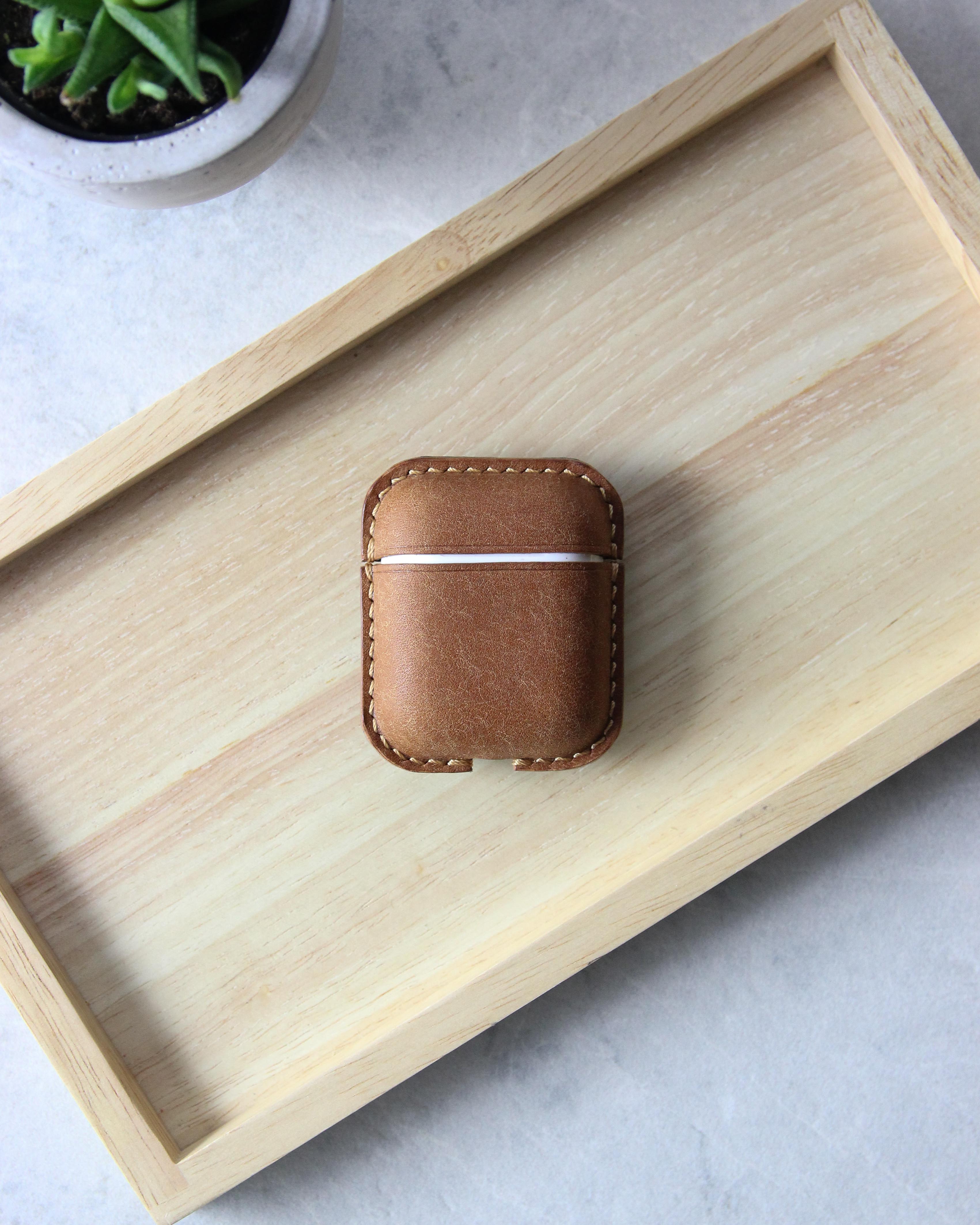 Leather Airpods Case, Beige and Blue, Top