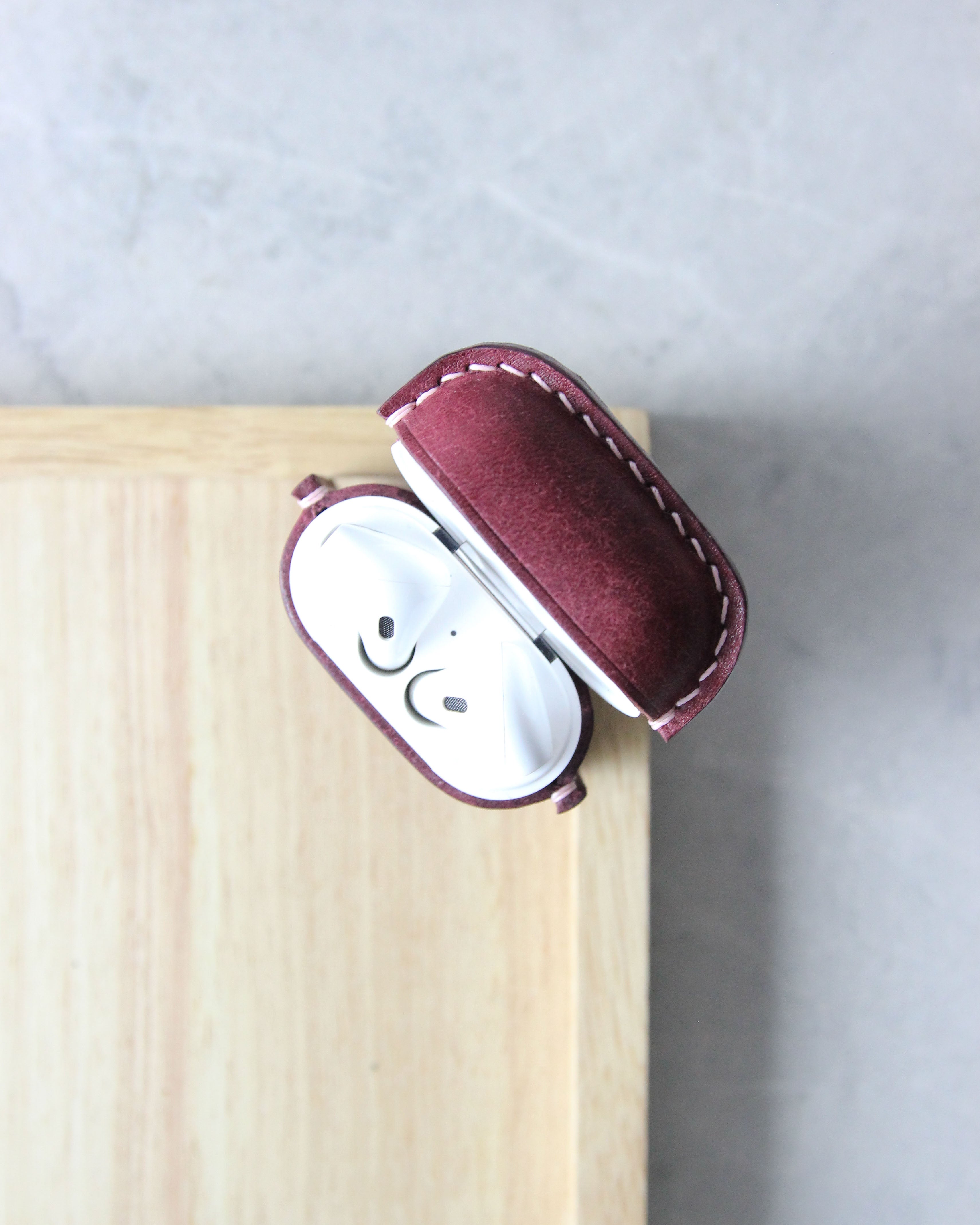 Leather Airpods Case, Burgundy, TopOpen