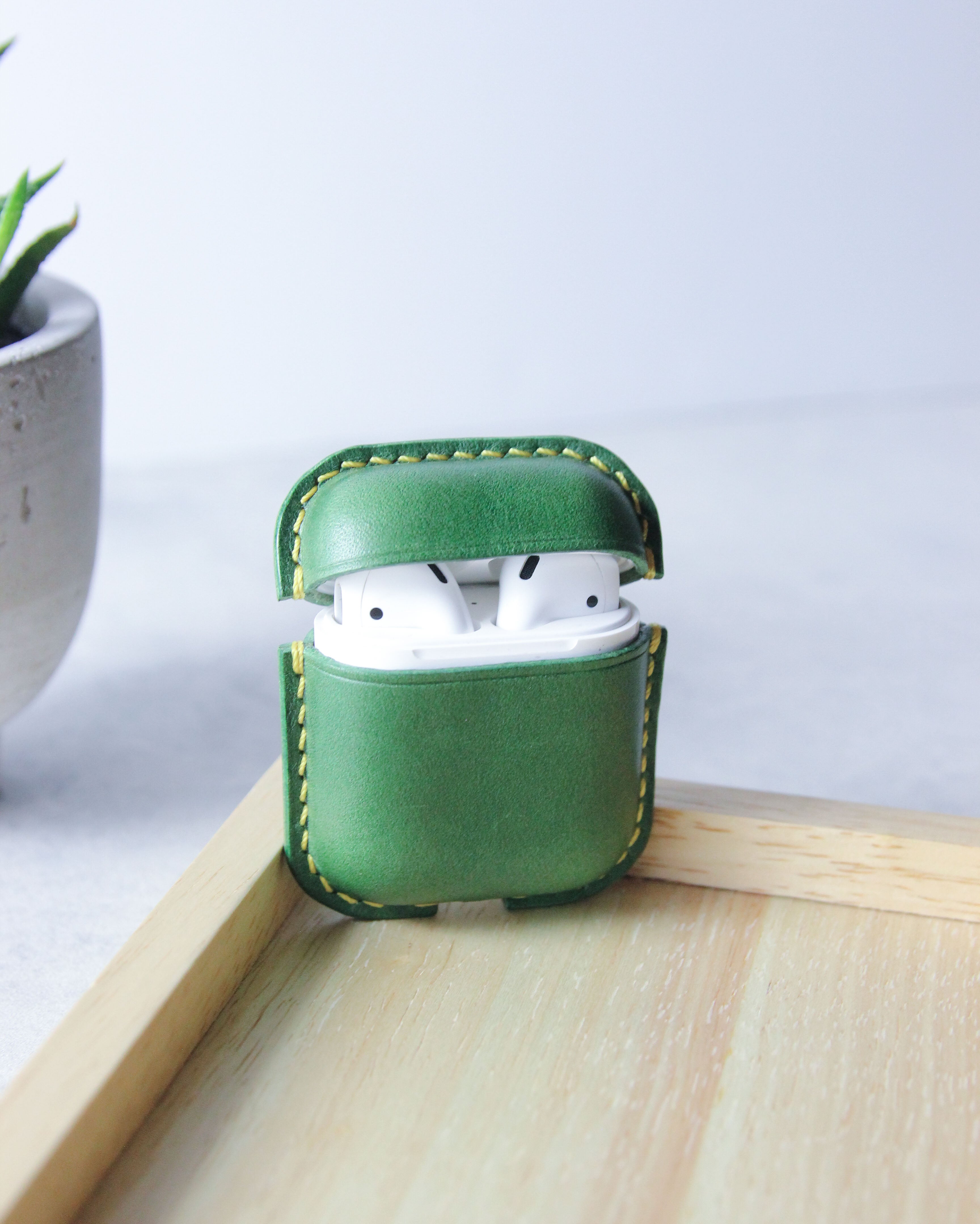 Leather Airpods Case, Green, Front