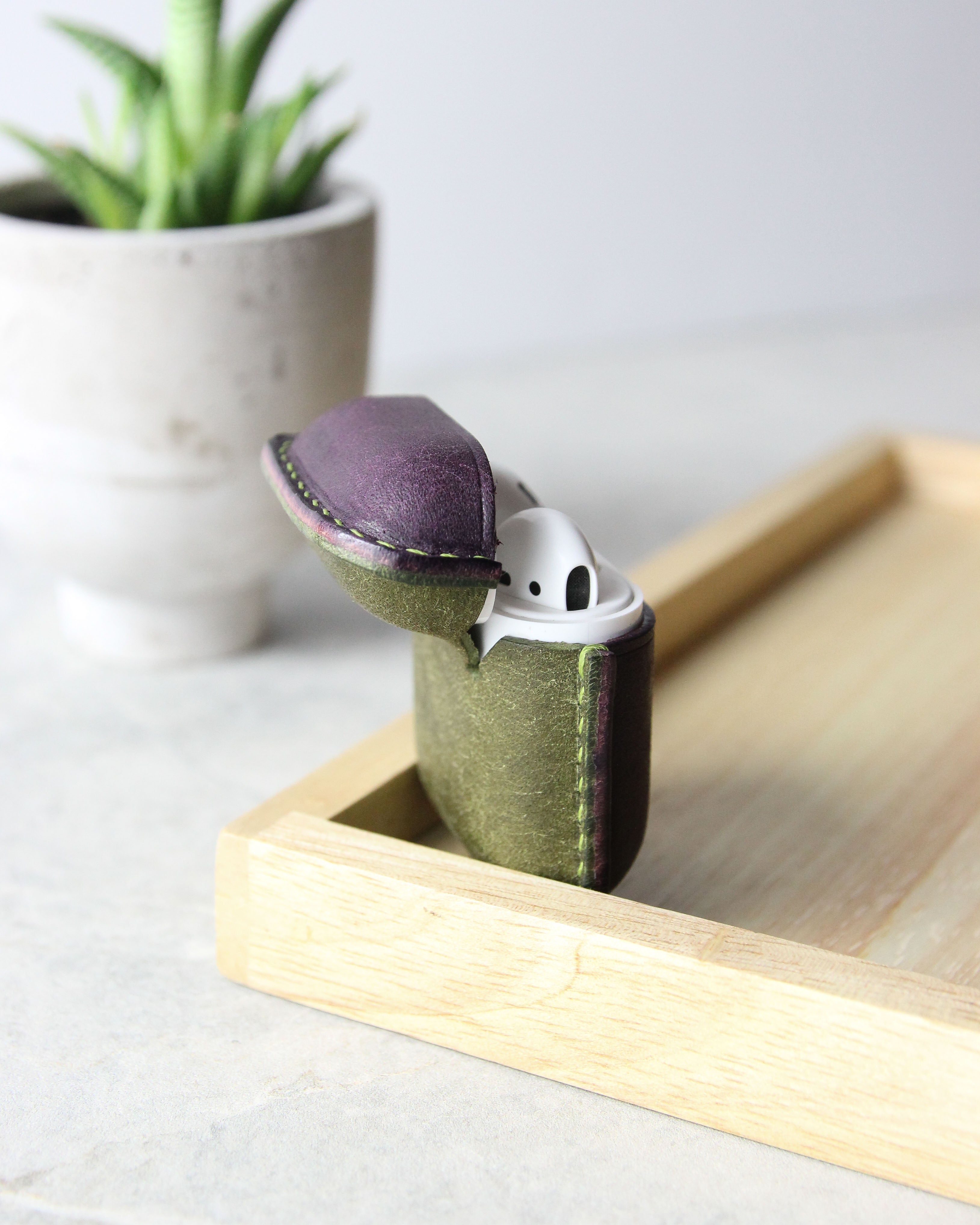 Leather Airpods Case, Purple and Green, Back