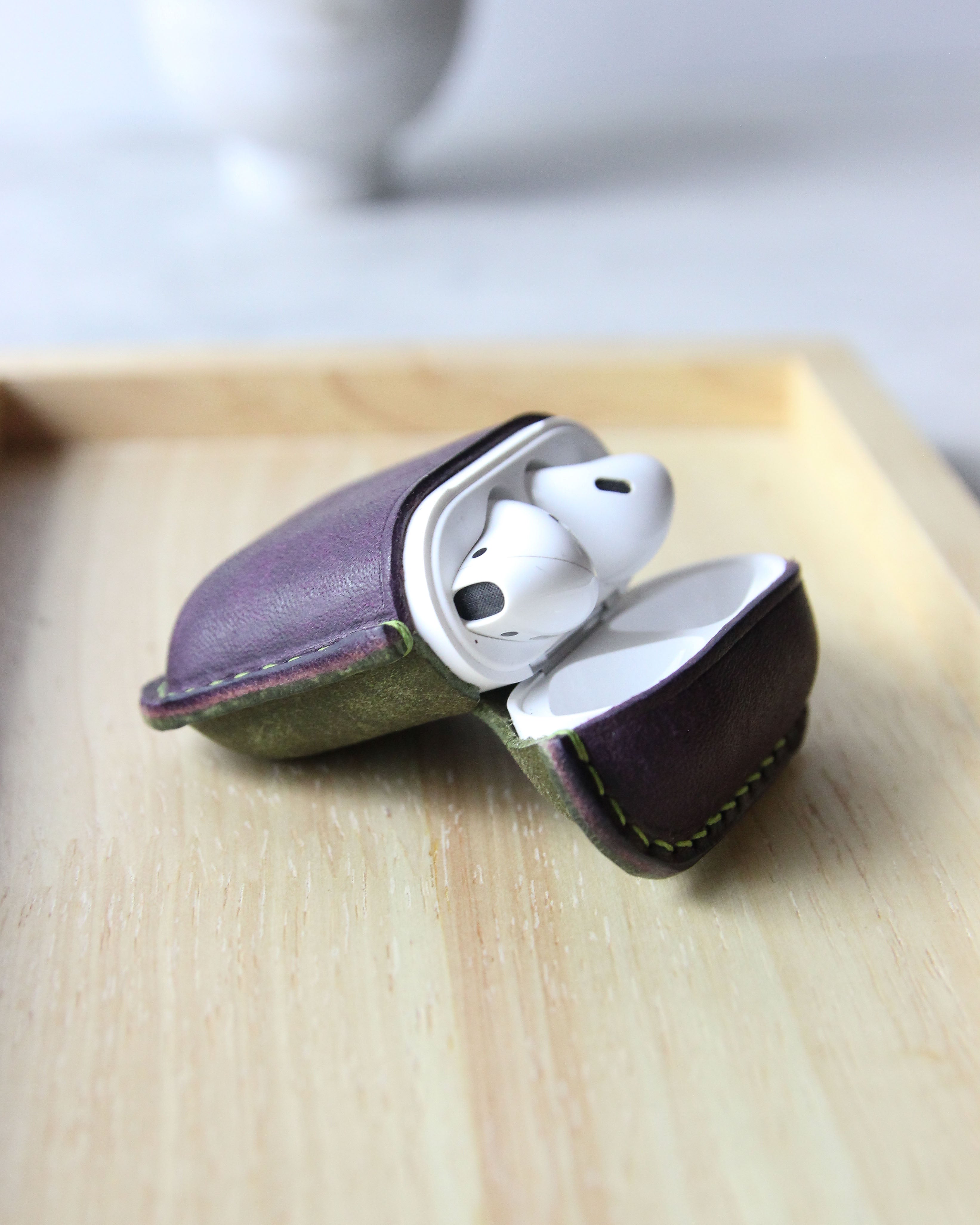 Leather Airpods Case, Purple and Green, Side Open