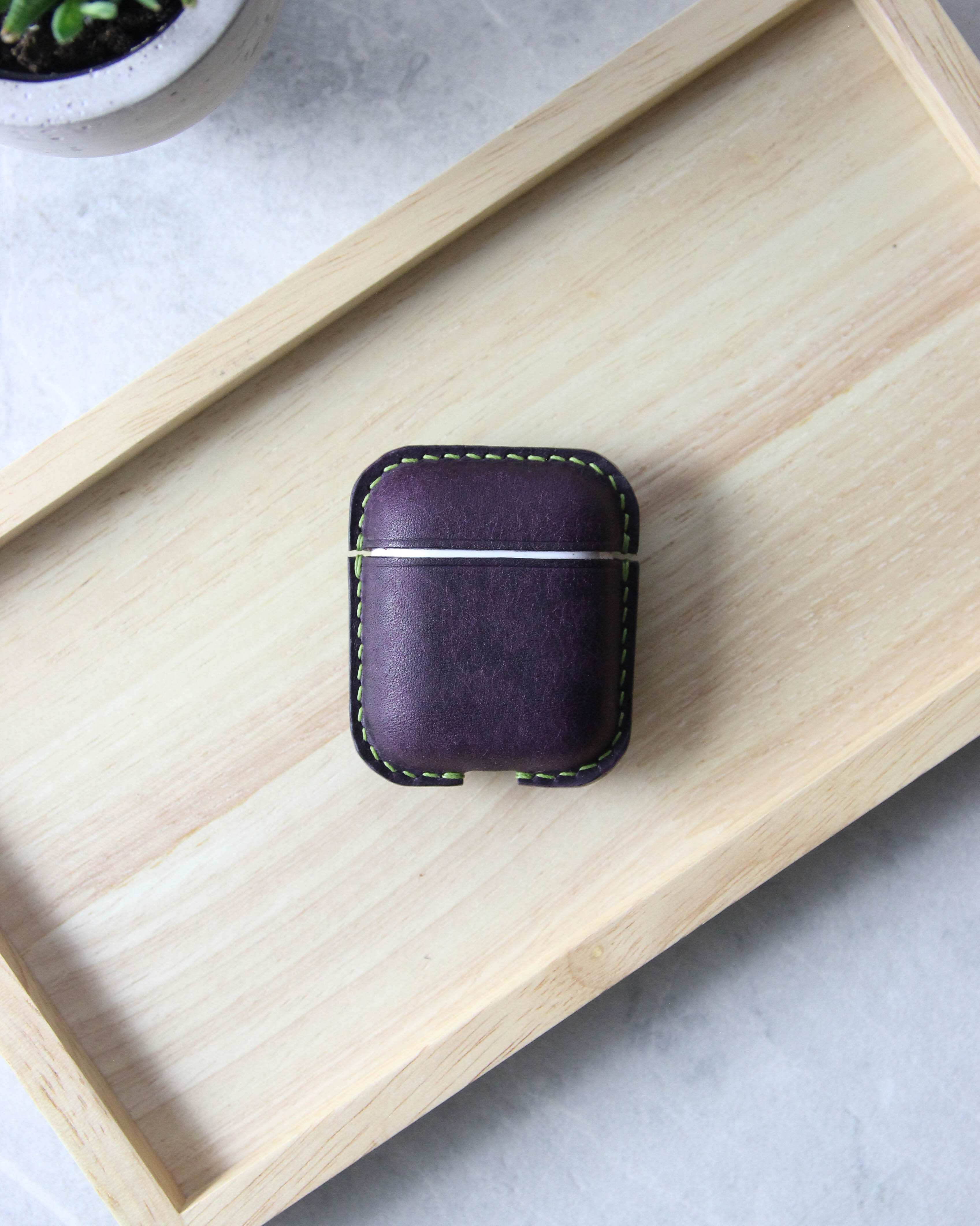 Leather Airpods Case, Purple and Green, Top