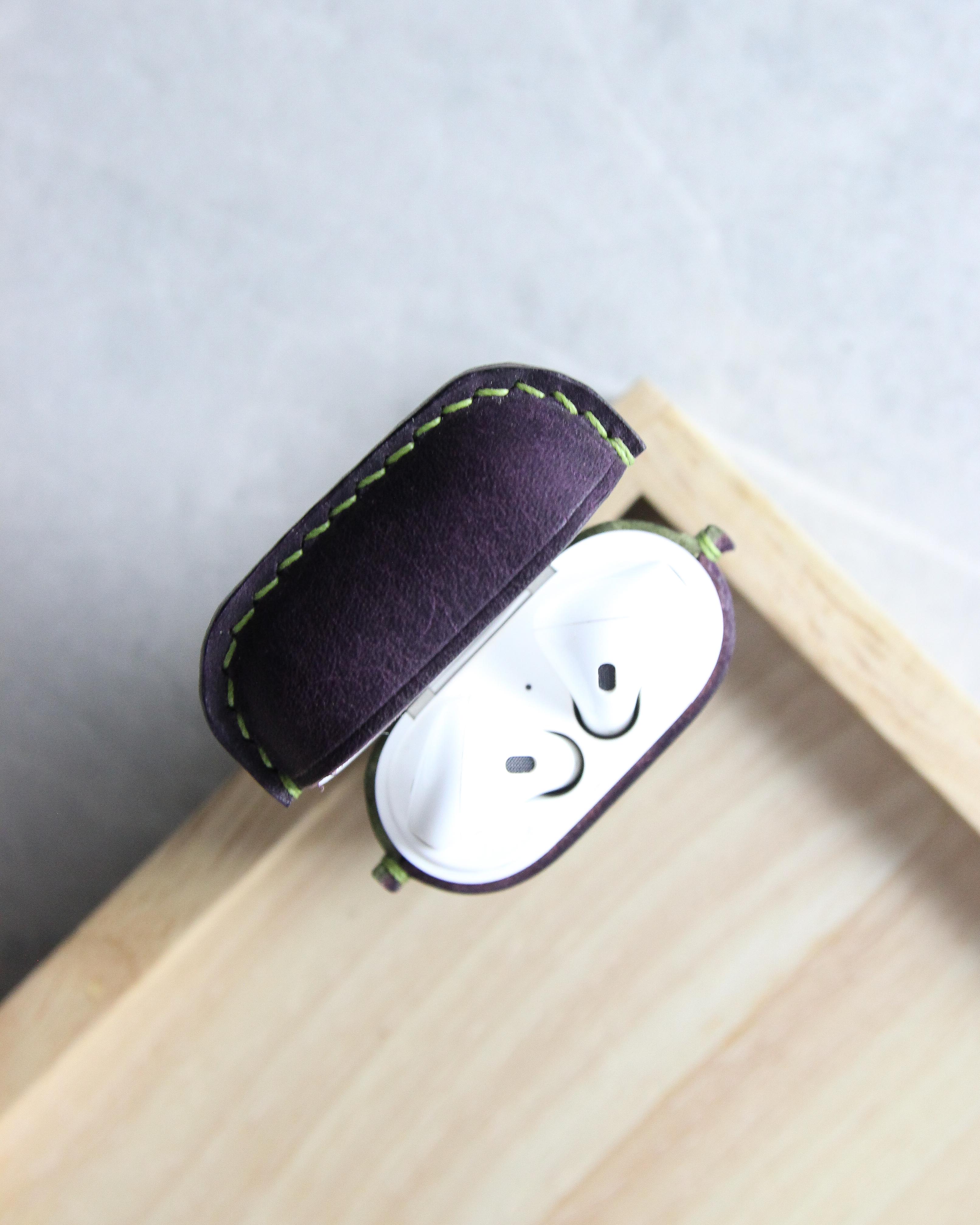 Leather Airpods Case, Purple and Green, Top Open