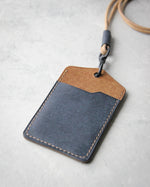 Load image into Gallery viewer, Leather ID Badge Holder, vertical, Marine blue and whiskey, Back view
