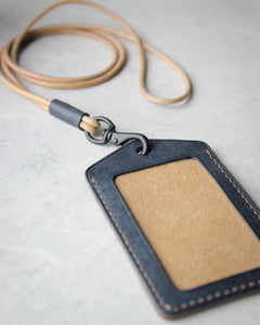 Leather ID Badge Holder, vertical, Marine blue and whiskey, Side view