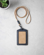 Load image into Gallery viewer, Leather ID Badge Holder, vertical, Marine blue and whiskey, Top view
