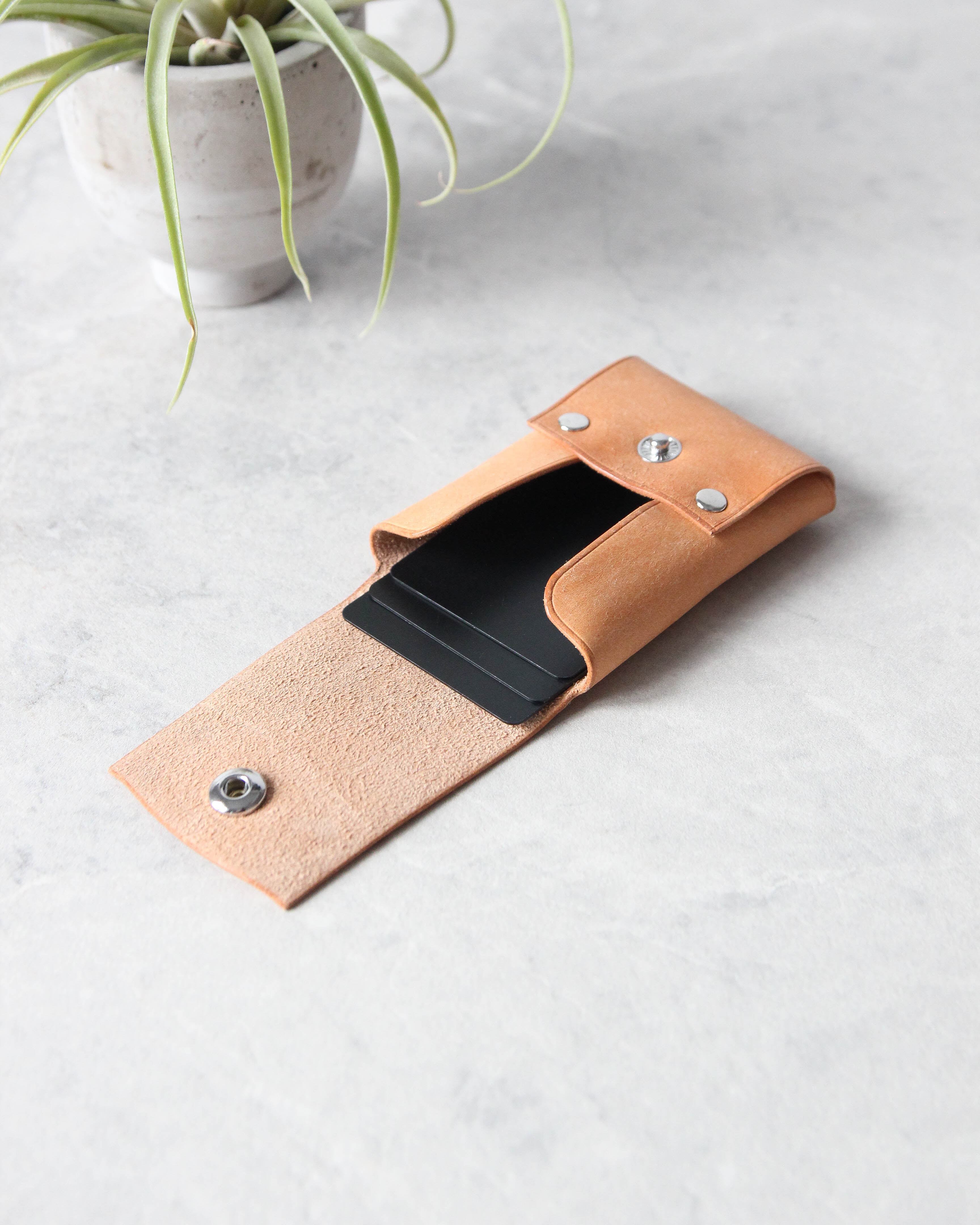 Leather Snap Cardholder, Beige, Side view