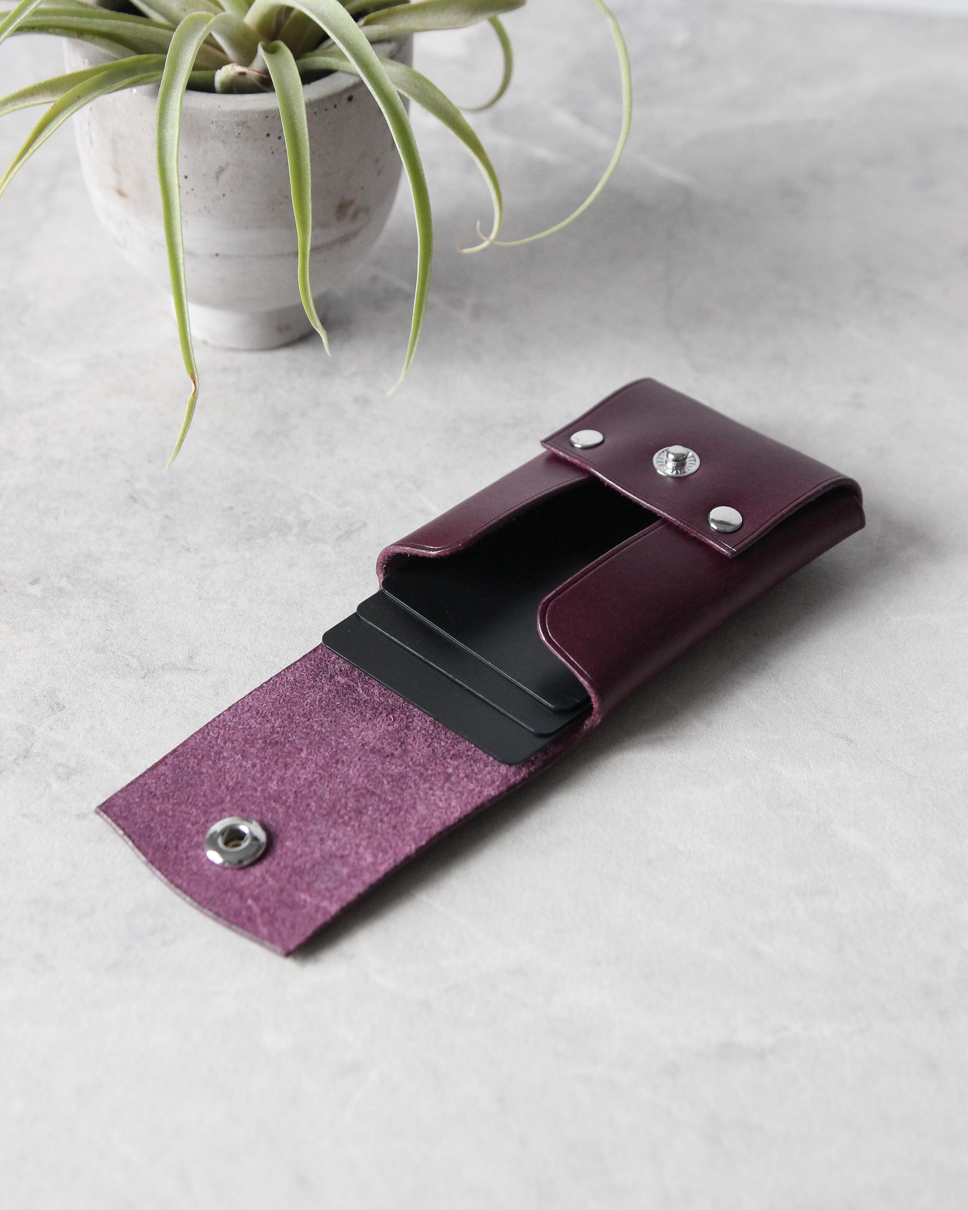 Leather Snap Cardholder, Purple, Side view
