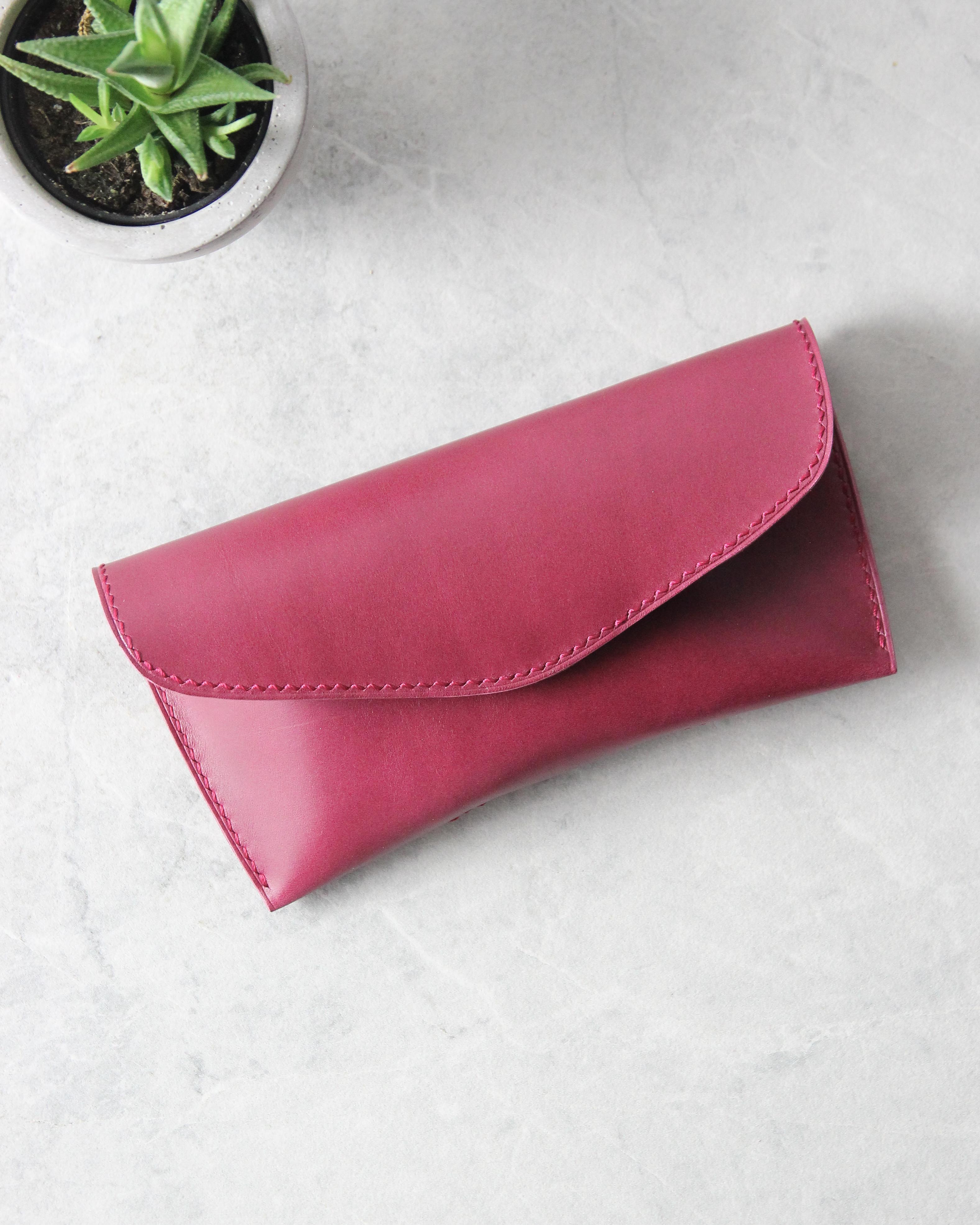 Leather Sunglasses Case, Magenta, Top View