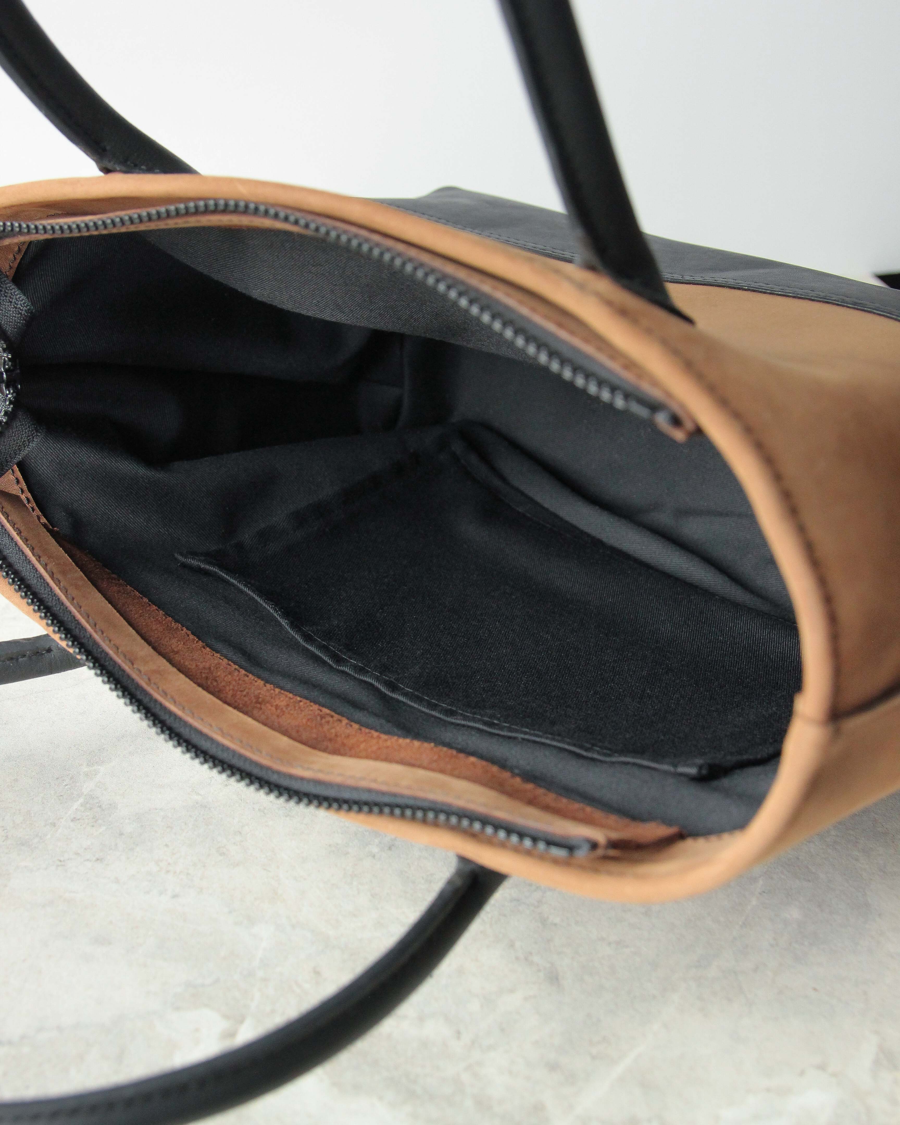 Leather Tote Bag, Brown and Black, Black Interior Lining