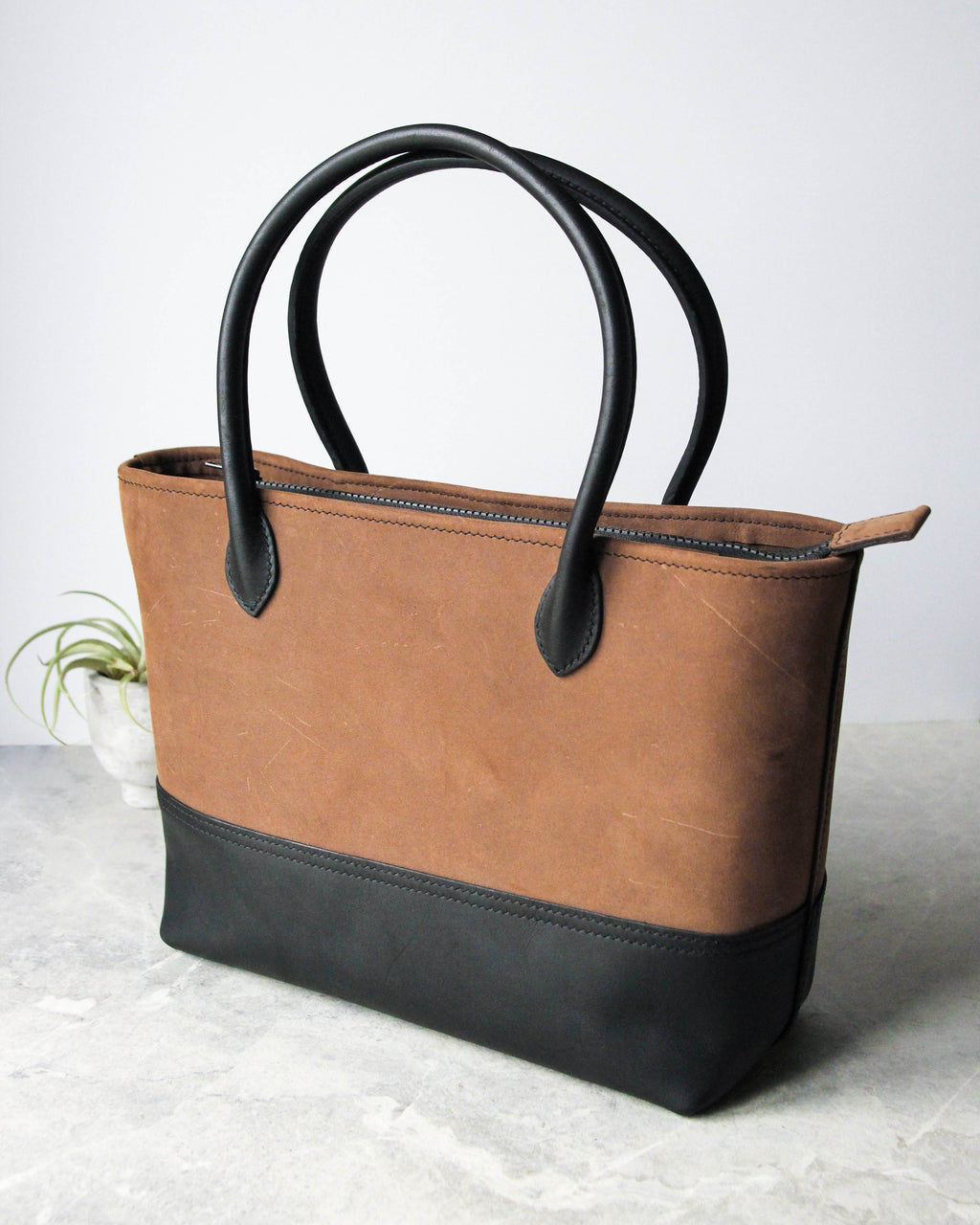 Leather Tote Bag, Brown and Black, Front view