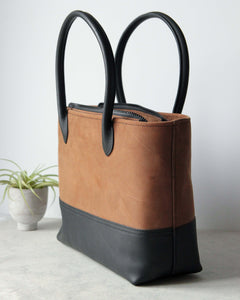 Leather Tote Bag, Brown and Black, Side View