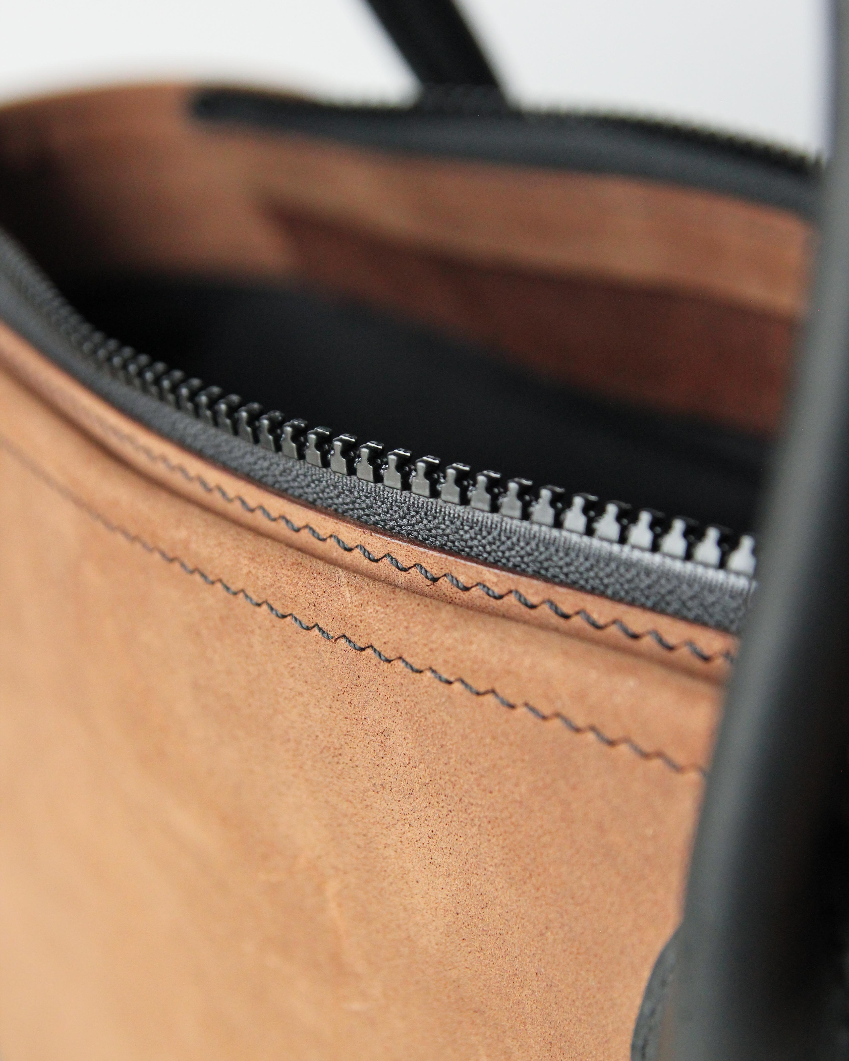 Leather Tote Bag, Brown and Black, Stitching Detail