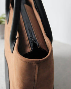 Leather Tote Bag, Brown and Black, Zipper Closure