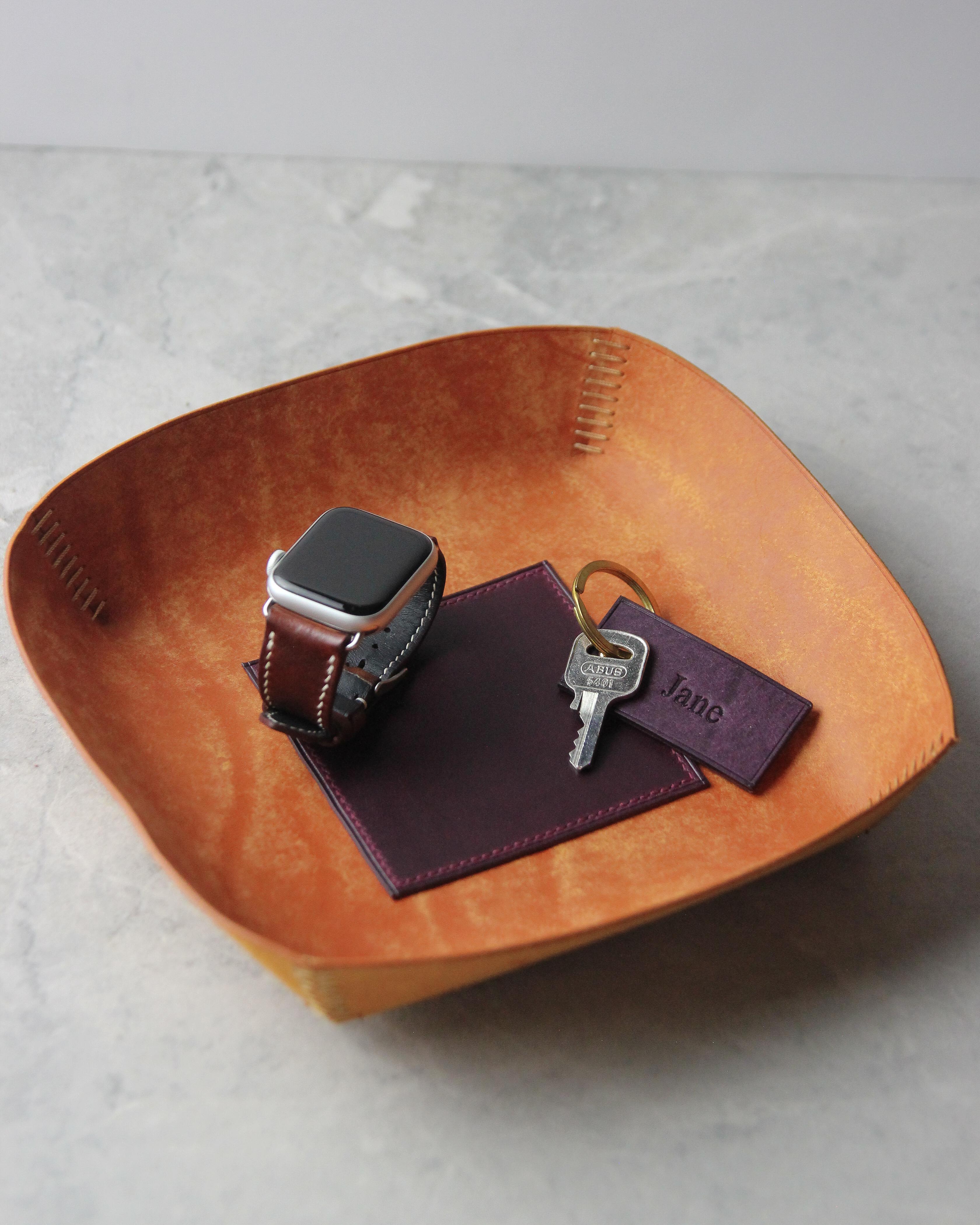 Leather Valet Tray, Orange and Purple, Medium, Side View
