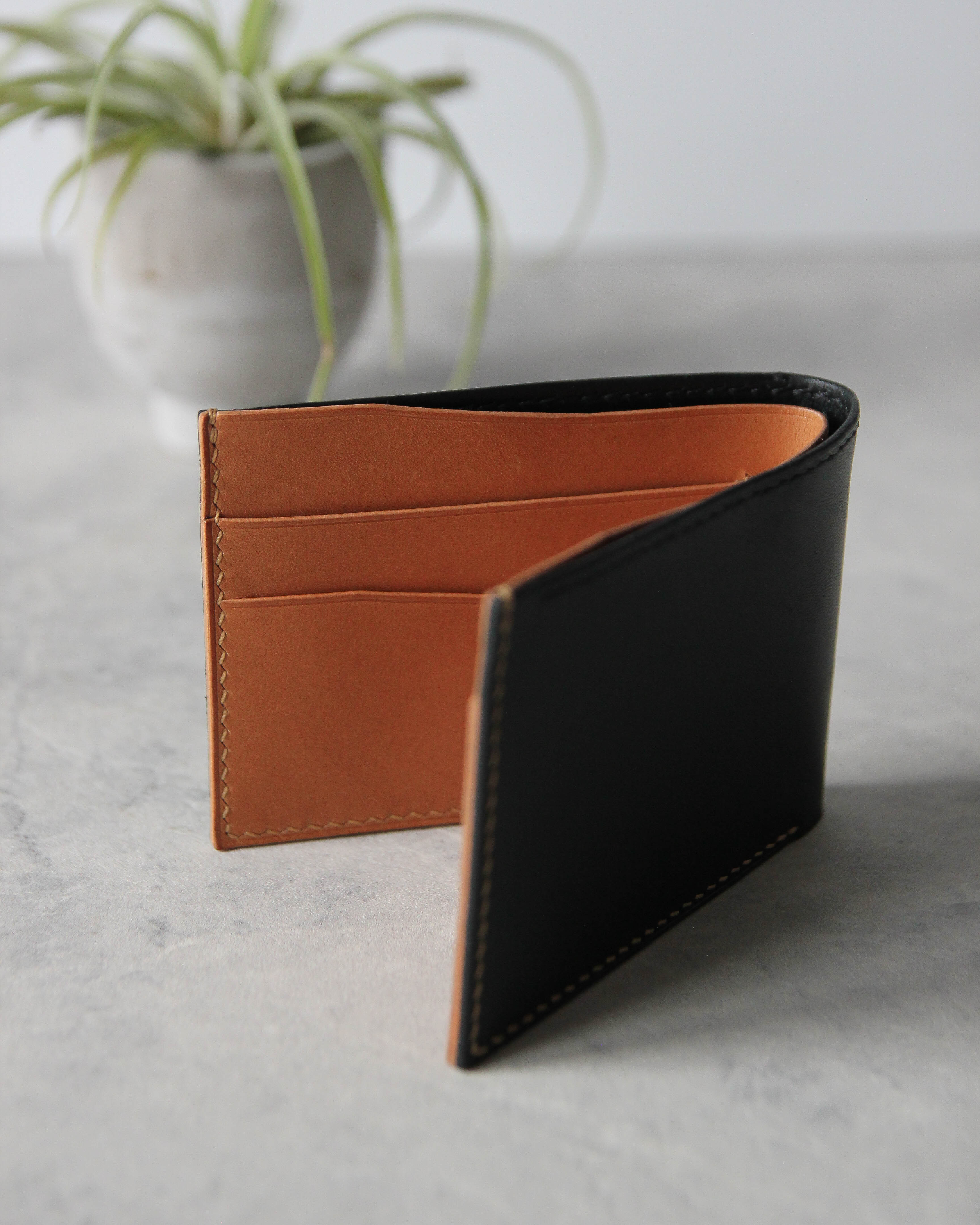 Leather Wallet ,Black and whiskey, 4 slots, Front view