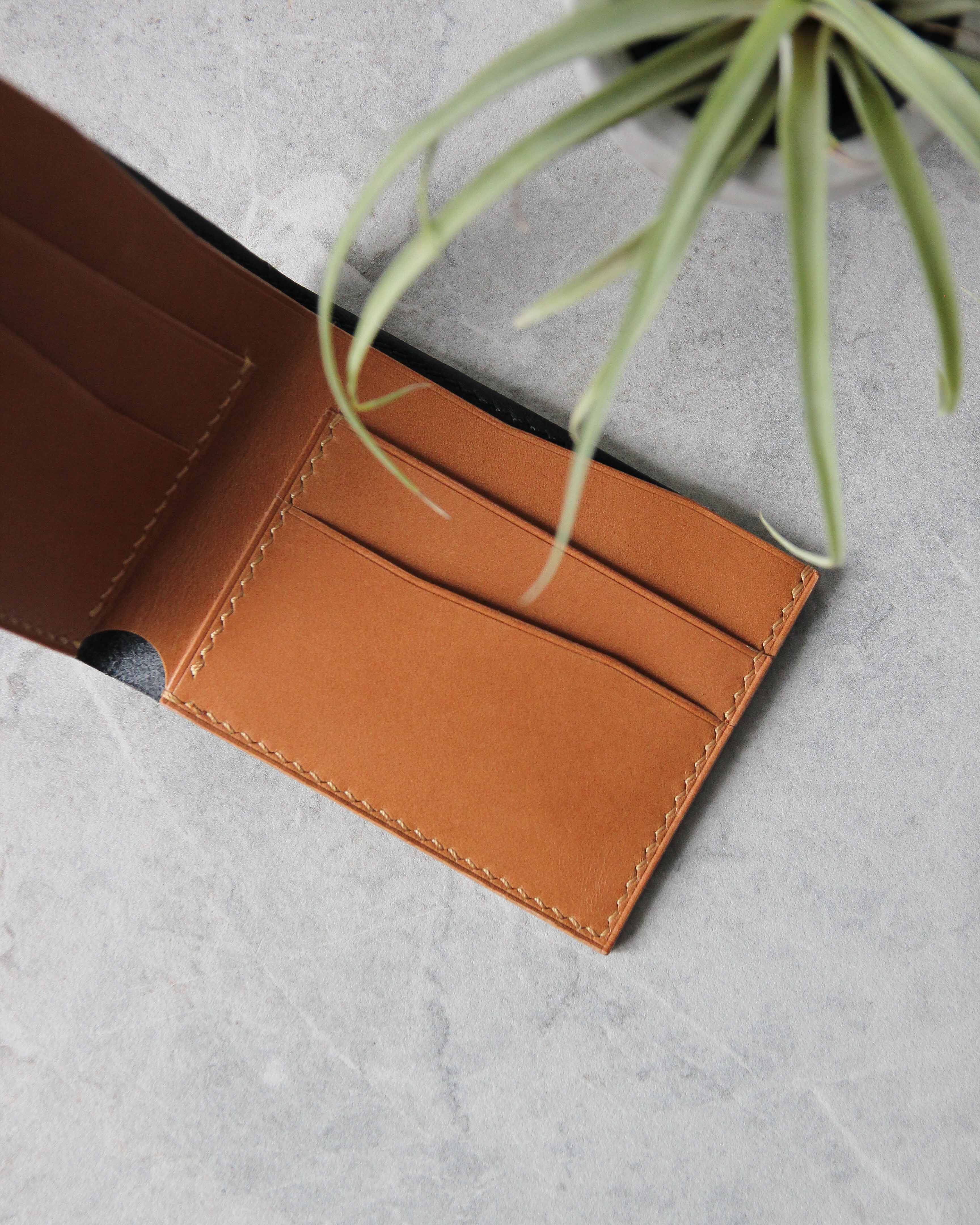 Leather Wallet ,Black and whiskey, 4 slots, Top view